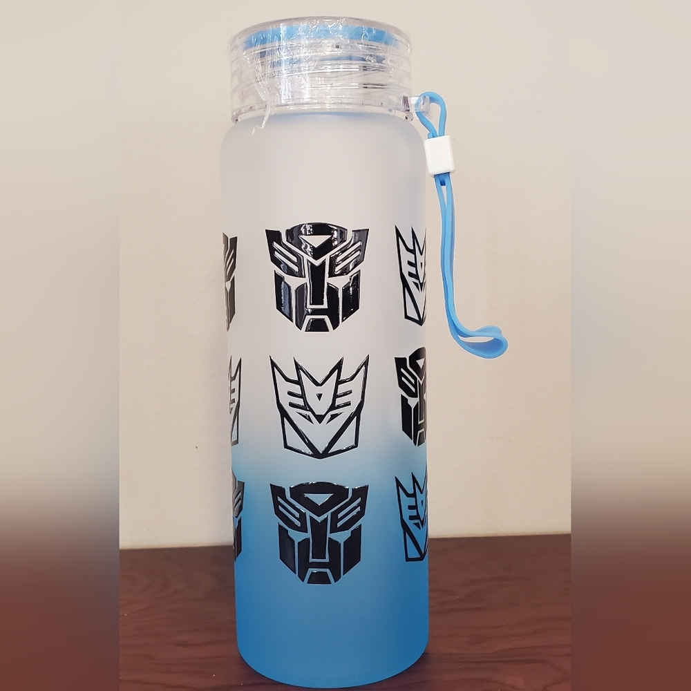 🪻3/$25 Transformer Autobot Decepticon frost blue glass tumbler twist lid handle